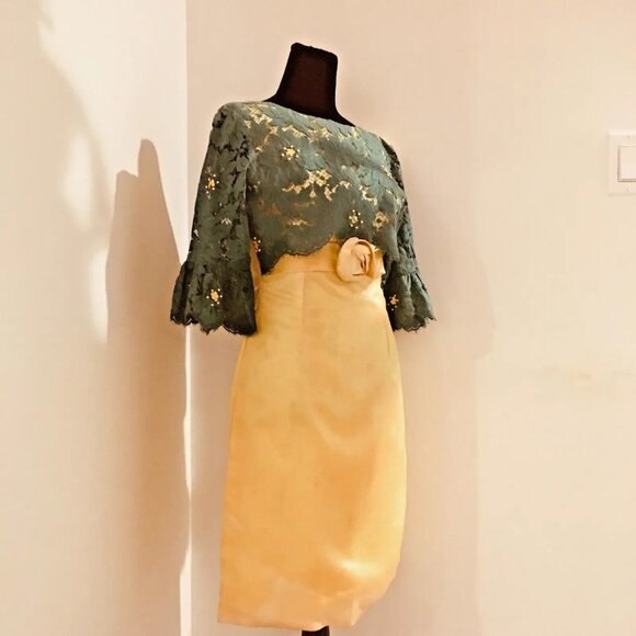 UNBRANDED Hand-Made Vintage 60s Green Lace Yellow Satin Beaded Fitted Dress XXS - Picture 3 of 14